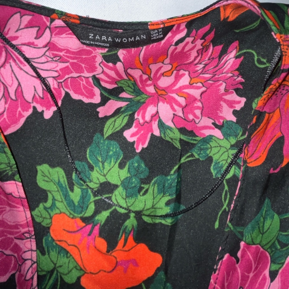 Zara Black Floral V Neck Short Sleeve Mini Dress Side Zip Pink Orange Size Med - Picture 5 of 9